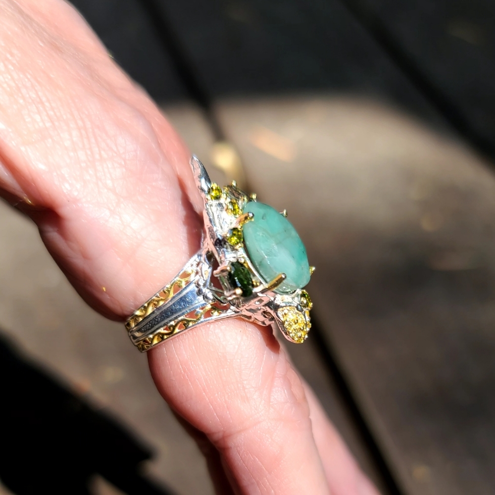 12k Emerald & Tourmaline Lizard 🦎 sterling &gold ring sz7.5 💍 - Picture 4 of 8